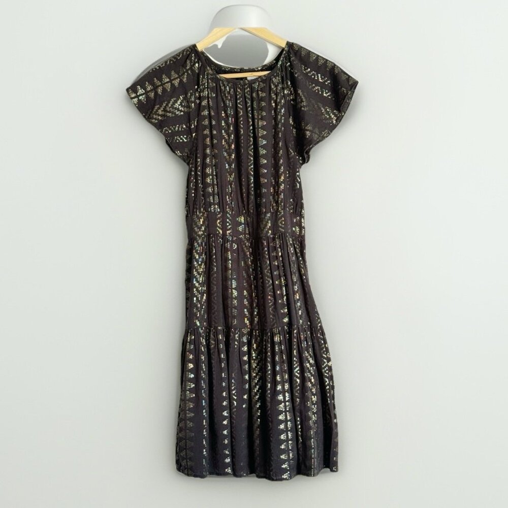 CK Bradley Andrew Black Gold Tiered Dress SZ XS Cocktail Flirty Holiday Feminine